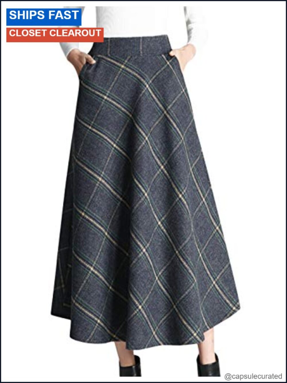 Wool Blend Plaid A-Line Pleated Midi Skirt High Waist Pockets